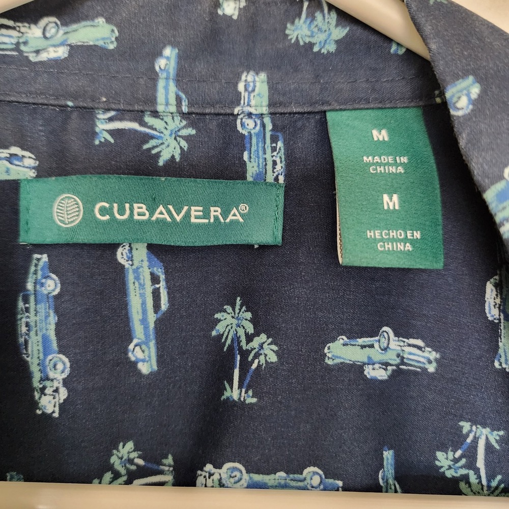Cubavera Men's Medium Button Up Shirt Navy Blue Classic Cars Palm Trees Casual - Picture 3 of 10